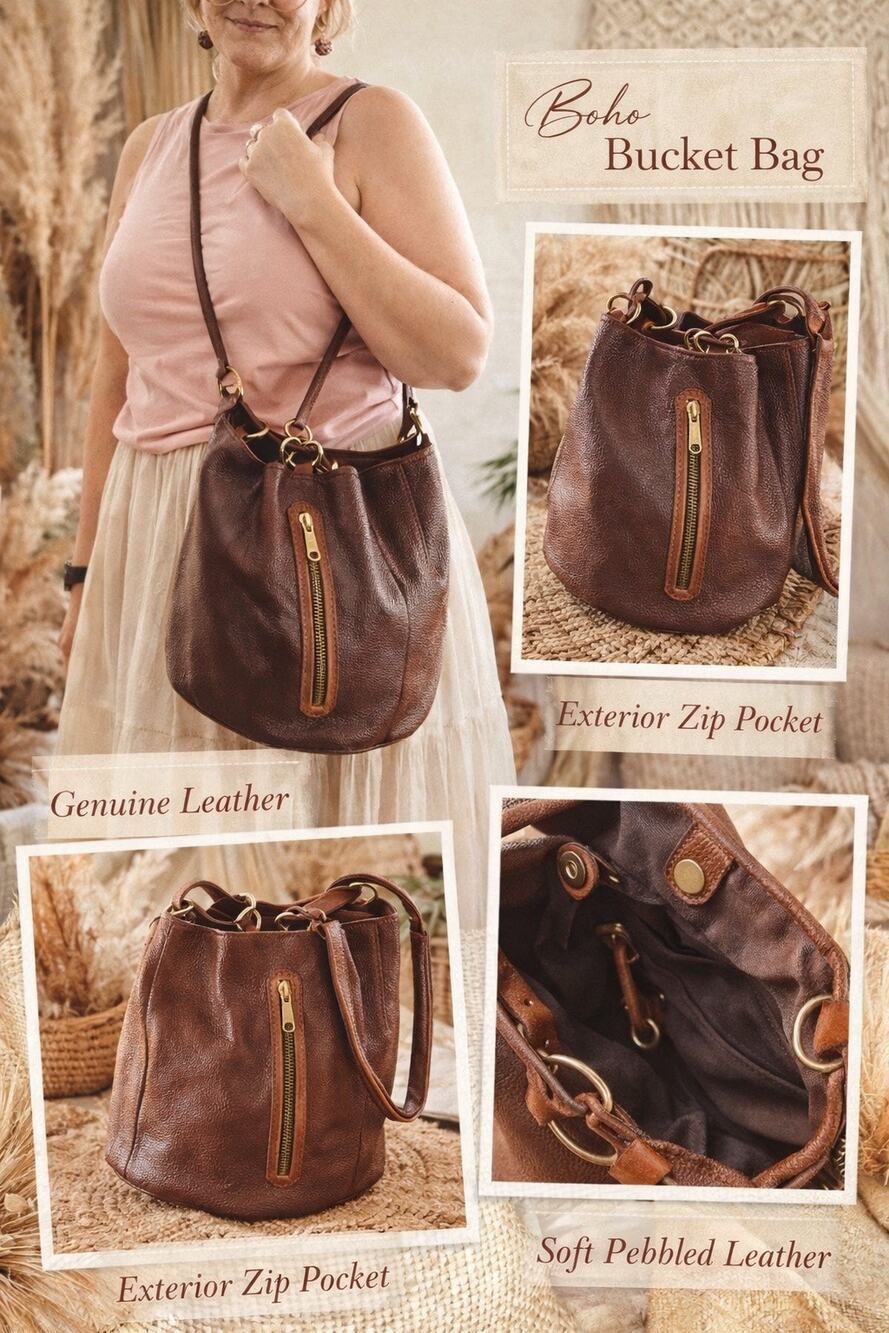 PATTIE JARRELL Colorado Brown Genuine Leather Bucket HOBO MOTORCYCLE Bag Purse